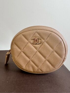 CHANEL Tan Quilted Round Coin Pouch with CC Hardware